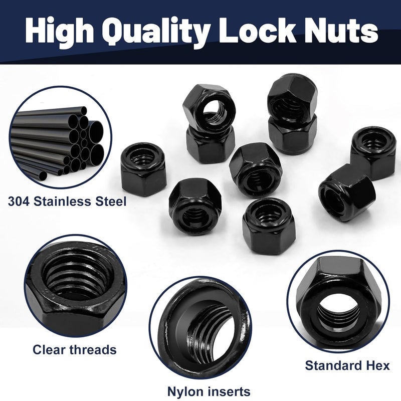 ZQZ 1/4"-20 Black Nylon Lock Nuts, 65PCS 304 (A2-70) Stainless Steel Nylon Insert Locknuts, Black Oxide, Coarse Thread Nylock Nuts - Image 3